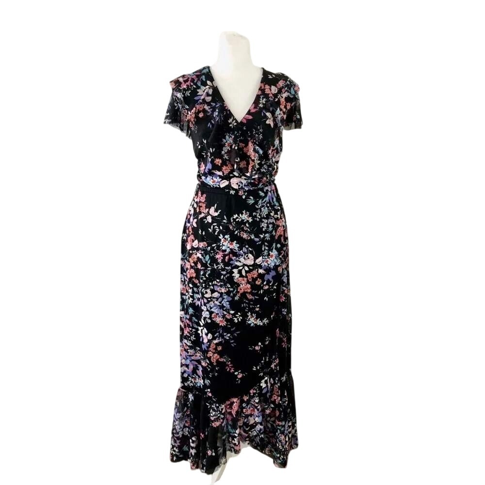 Apt 9 Floral Maxi Dress Womens PXL Black Pink Ruffle Mesh Flutter Sleeve